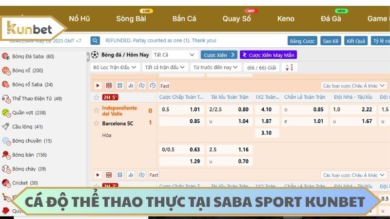Cá độ thể thao hàng trăm kèo cược mỗi ngày tại SABA sport KUNBET