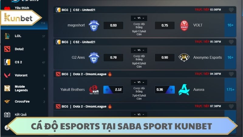 Trải nghiệm cá độ Esports hiện đại tại sảnh cược SABA KUNBET